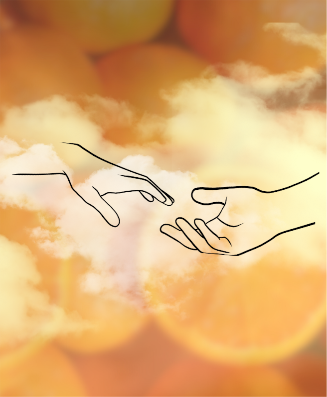 On a background of photo of whole and cross sections or of oranges, with a wisp of clouds overimposed, two black line-drawn hands reach out for each other. 