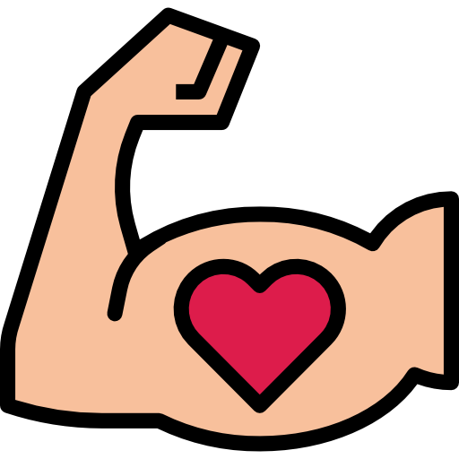 Icon. A flexed arm with a heart at the bicep.